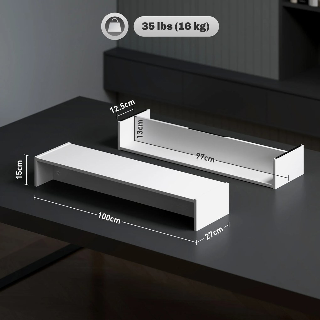 HOMCOM Suport pentru Monitor PC cu 2 Compartimente de Depozitare, Suport Monitor până la 16kg, 100x27x15 cm, Alb | Aosom Romania