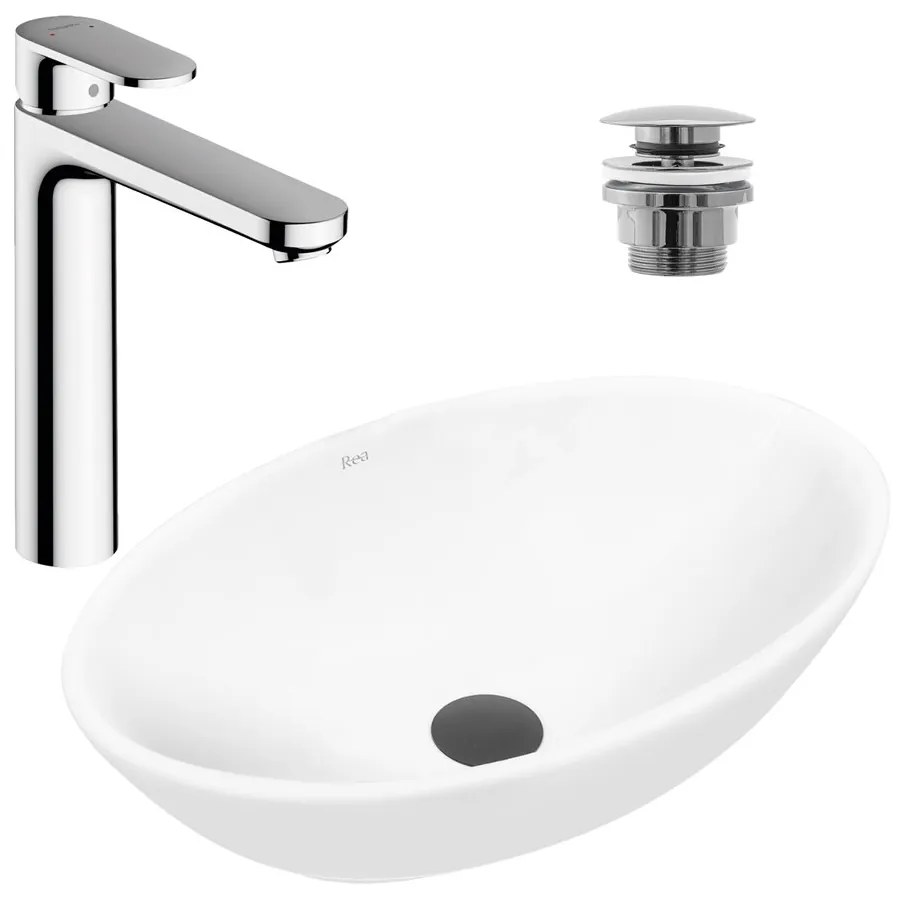 Pachet lavoar pe blat Rea Pamela alb 53 cm, baterie lavoar Hansgrohe Vernis Blend crom si ventil lavoar Click-Clack crom