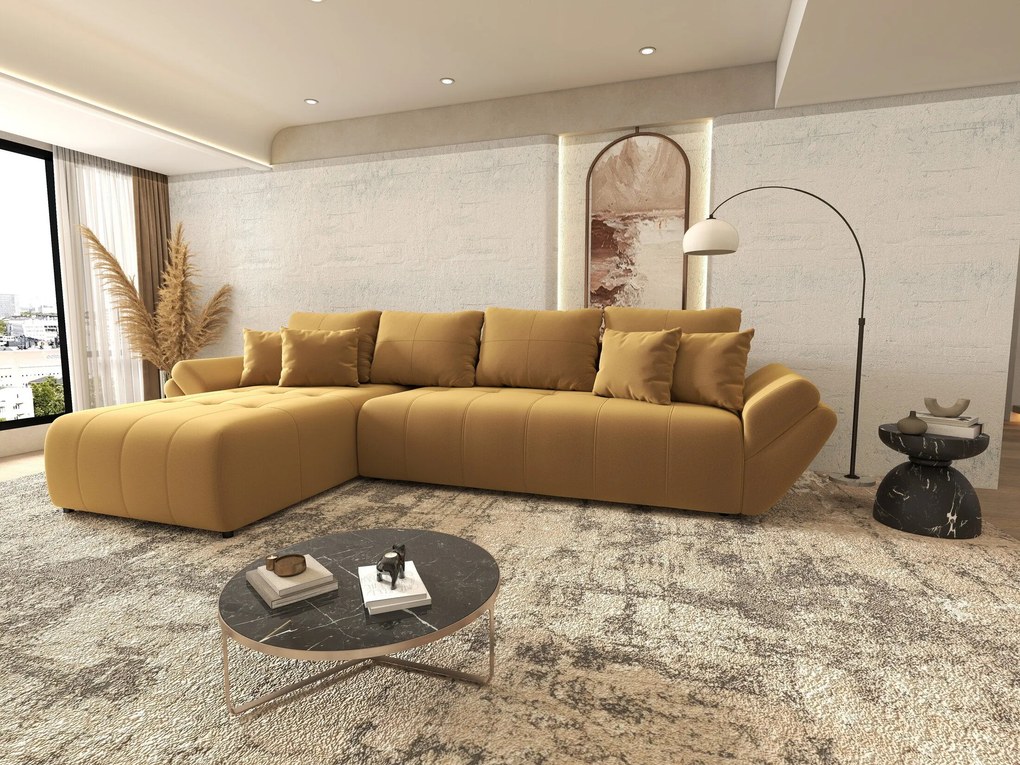 Colțar extensibil dumonde cu ladă de depozitare si sezut confortabil din spuma high-density, Berlin XL Royal Mustar 350x185 cm