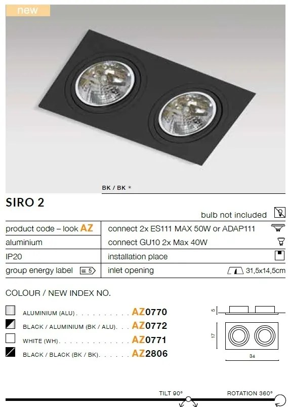 Spot incastrabil directionabil de tavan/plafon SIRO 2 BK/ALU