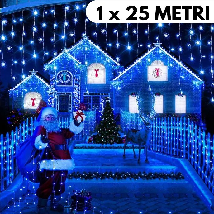 Instalație de Crăciun, 1 x 25 metri, franjuri cu flash, cu led tip țurțuri, fir gros, exterior, alba