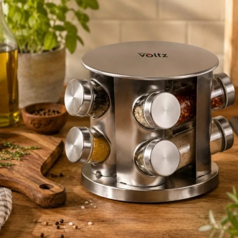 Set recipiente pentru condimente Oliver Voltz OV51217A8, 4 laturi, 8 borcanase, Baza rotativa, Otel inoxidabil