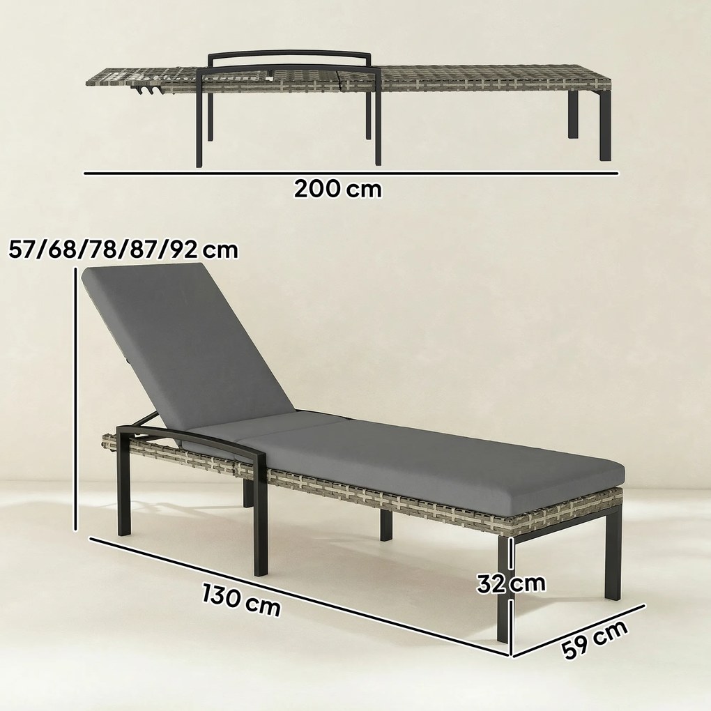 Outsunny Set de 2 șezlonguri Polyrattan, șezlong de grădină cu spătar reglabil în 5 poziții, pernă, până la 120 kg, Gri deschis | Aosom Romania