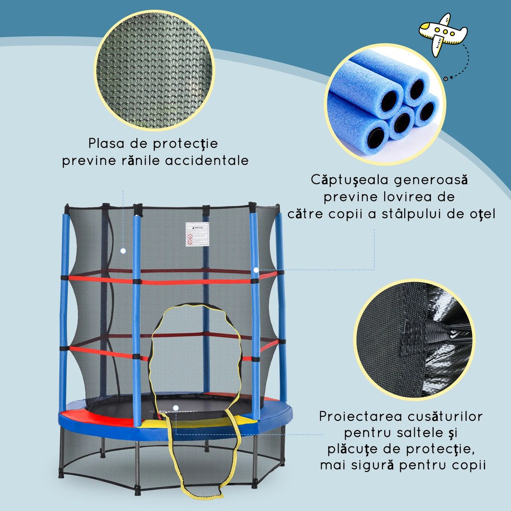 HOMCOM Trambulina Elastica Ø140x160Acm pentru Copii de 3 Ani, Trambulina Elastica cu Plasa de Protectie si Corzi Bungee, Albastru | Aosom Romania
