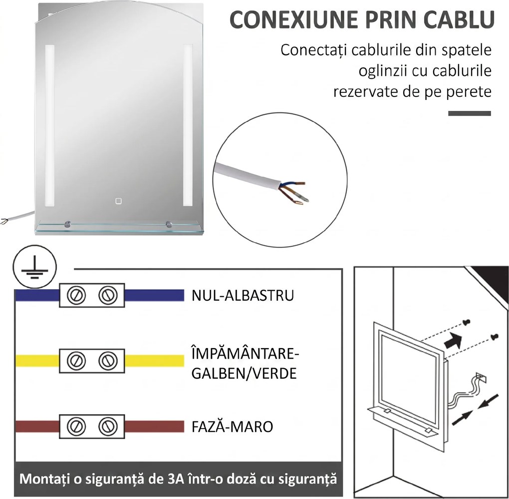 Kleankin Oglindă Baie cu Lumină LED Reglabilă pe 3 Culori și Raft din Sticlă, 50x12x70 cm, Argintiu | Aosom Romania