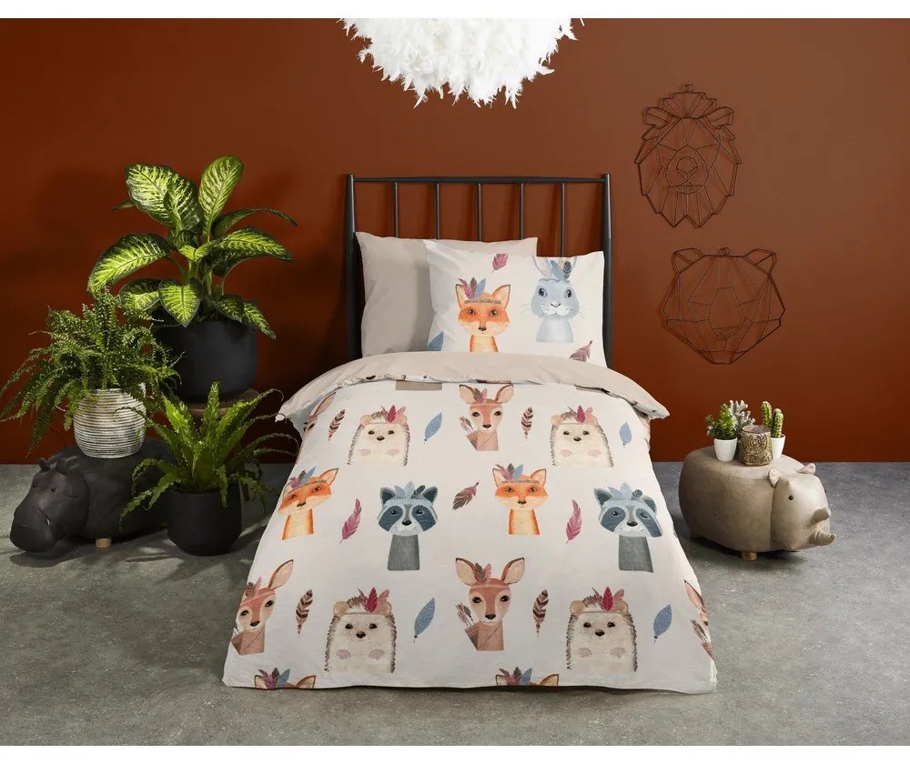 Lenjerie de pat pentru copii maro-bej din bumbac pentru pat de o persoană 140x200 cm Rave – Good Morning