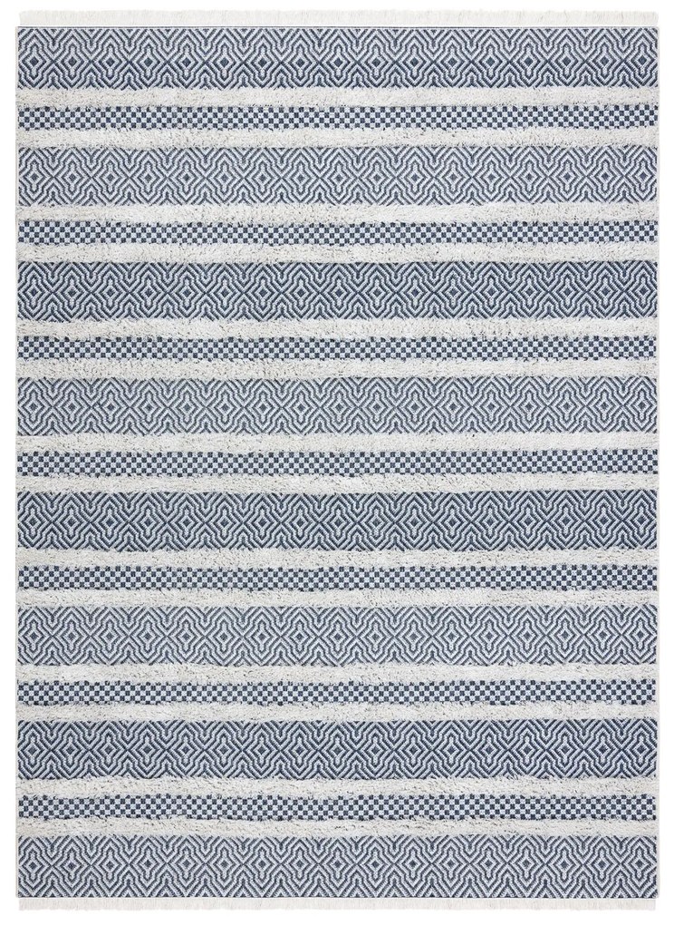 Covor ECO SISAL BOHO MOROC Linii 22328 franjuri - două niveluri de lână cremă / albastru inchis, covor reciclat