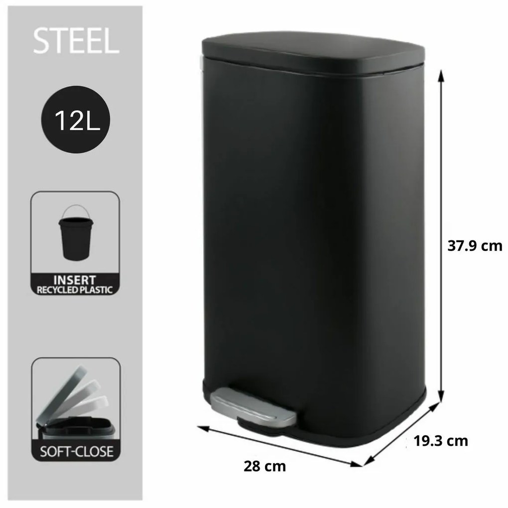 Coș de gunoi cu pedală soft-close Spirella Akira 12 l, negru mat, 12 l