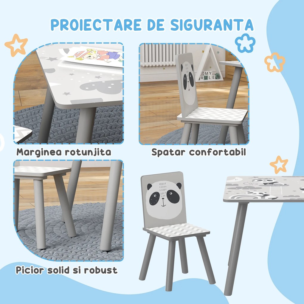 ZONEKIZ Set Masă și 2 Scaune pentru Copii de 3-8 Ani cu Desene de Animale, 60x60x44 cm, Gri | Aosom Romania