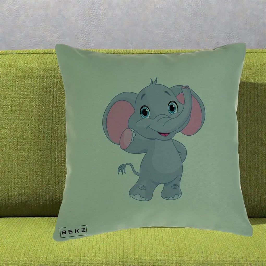 Perna Decorativa Pui de Elefant Kawaii, 40x40 cm, Verde, Husa Detasabila, Perna Inclusa, BEKZ®