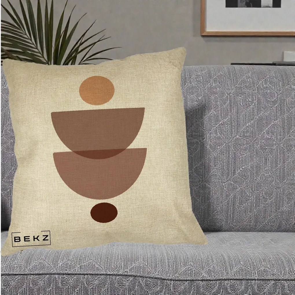 Perna Decorativa Geometric Boho Semicercuri Brun, 40x40 cm, Crem, Husa Detasabila, Perna Inclusa, BEKZ®