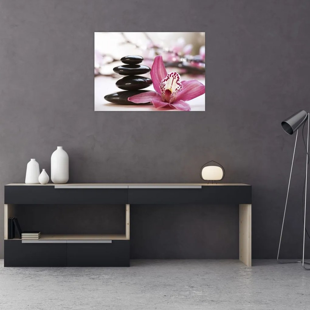 Tablou pe sticlă cupietre pentru masaj și orhidee (70x50 cm)