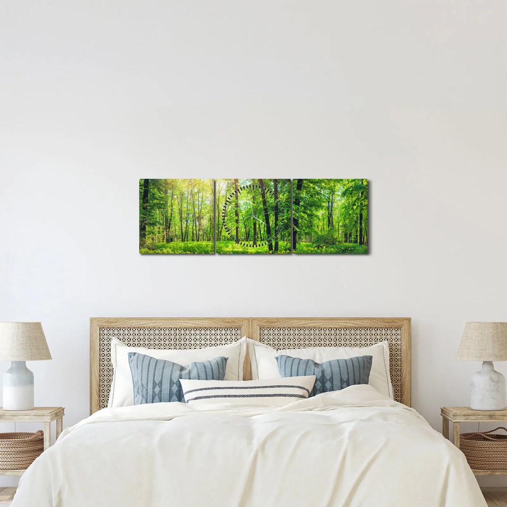 Tablou - Pădurea cu frunze de primăvară (cu ceas) (90x30 cm)
