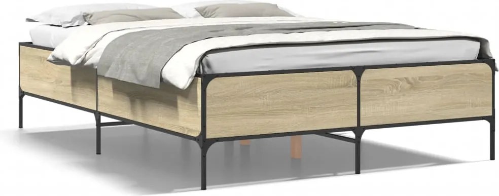 vidaXL Cadru de pat, stejar sonoma, 120x190cm, lemn prelucrat și metal
