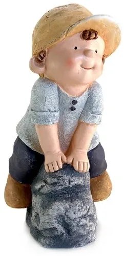 Decoratiune gradina, ceramica, baiat pe piatra, 31x23x42 cm