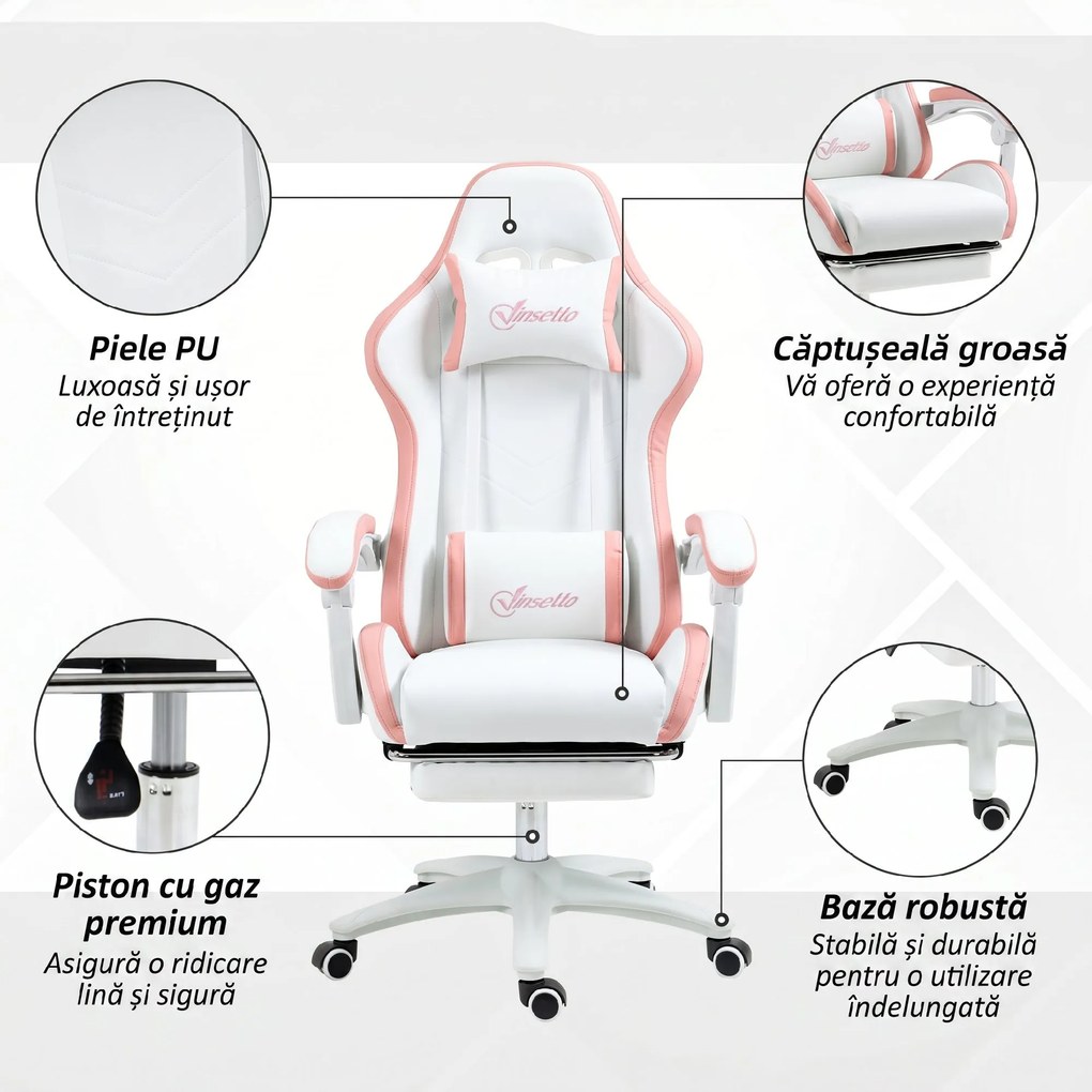 Vinsetto Scaun Da Gaming Ad Altezza Reglabil Piele Pu E Oțel Alb Roz | Aosom Romania
