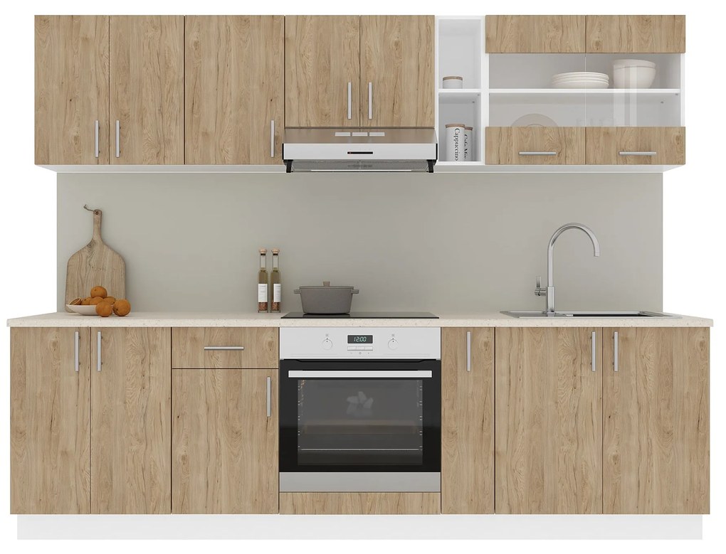 Set Bucatarie Karo V19, Lemn Natural/Alb, Blat Thermo 28 mm, L 260 cm