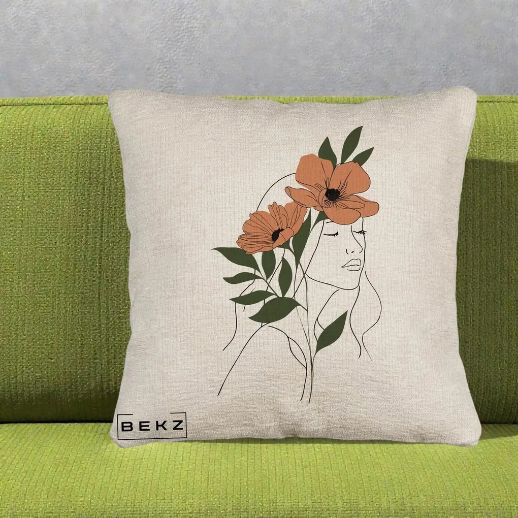 Perna Decorativa Portret Feminin Doua Maci Terracotta, 40x40 cm, Bej Canapea, Husa Detasabila, Perna Inclusa, BEKZ®