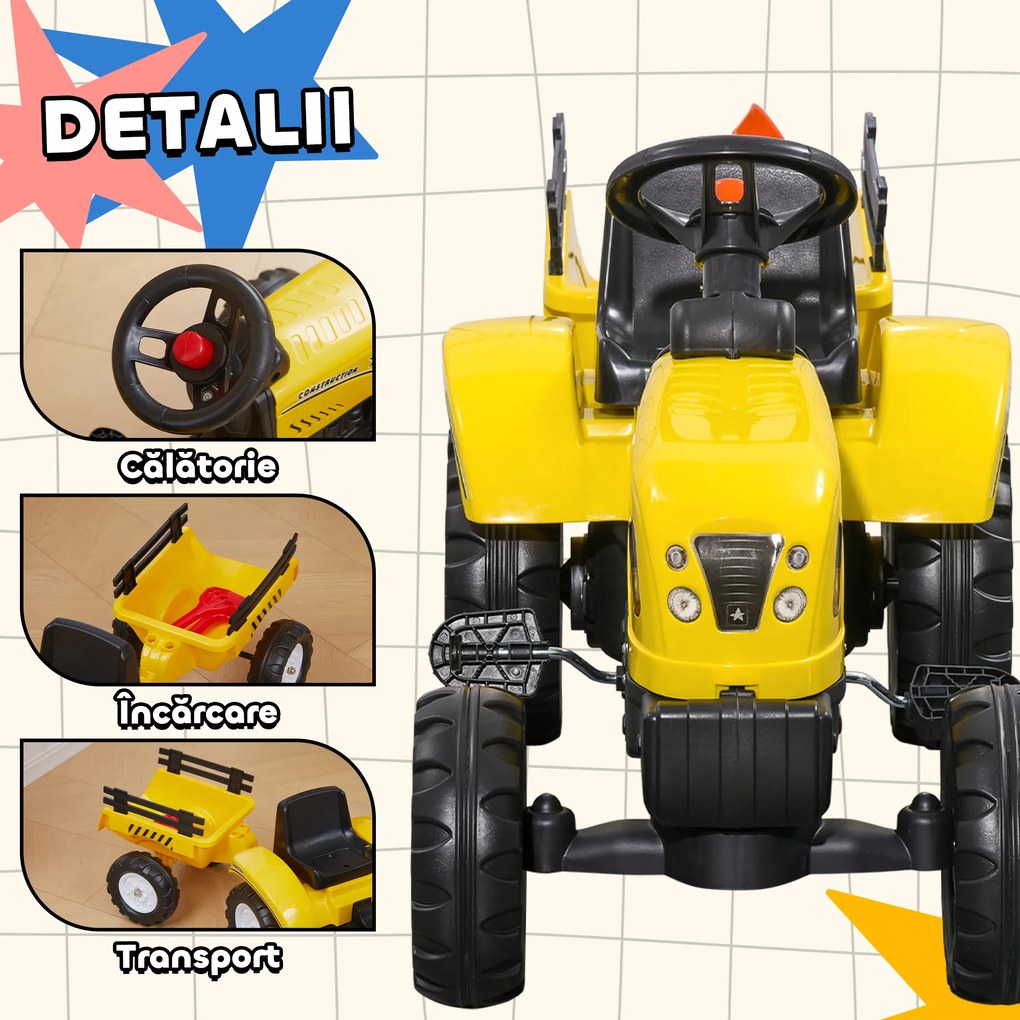 HOMCOM Tractor de Pedalat pentru Copii de 3+ Ani cu Remorcă, Greblă, Lopată și Claxon, 133x42x51 cm, Galben | Aosom Romania