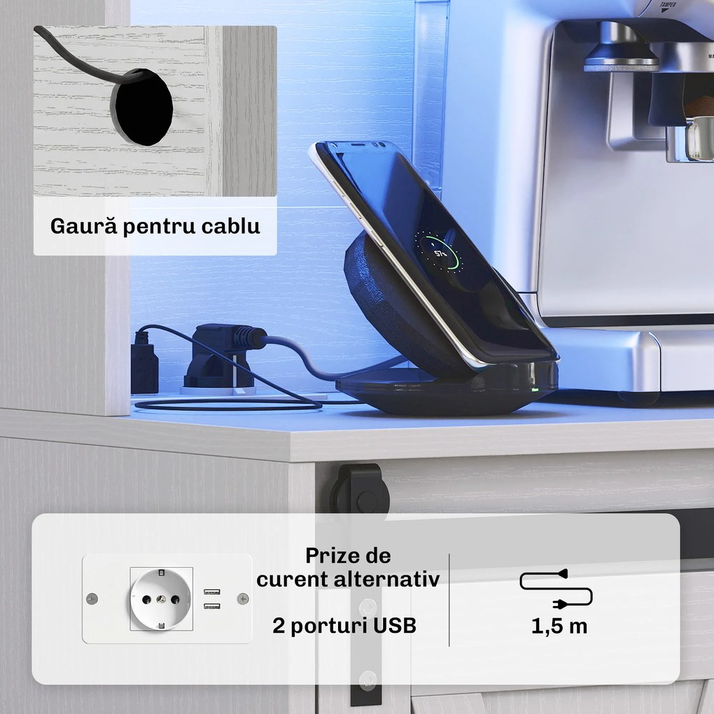 HOMCOM Servantă de Bucătărie Rustică 180 cm, Dulap cu Priză de Alimentare, Lumini LED, Suport pentru Sticle, Suprafață pentru Cuptor cu Microunde, Rafturi Deschise, Uși Glisante, Orificiu pentru Cabluri, Alb | Aosom Romania