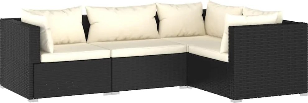 vidaXL Set mobilier de grădină cu perne, 4 piese, negru, poliratan