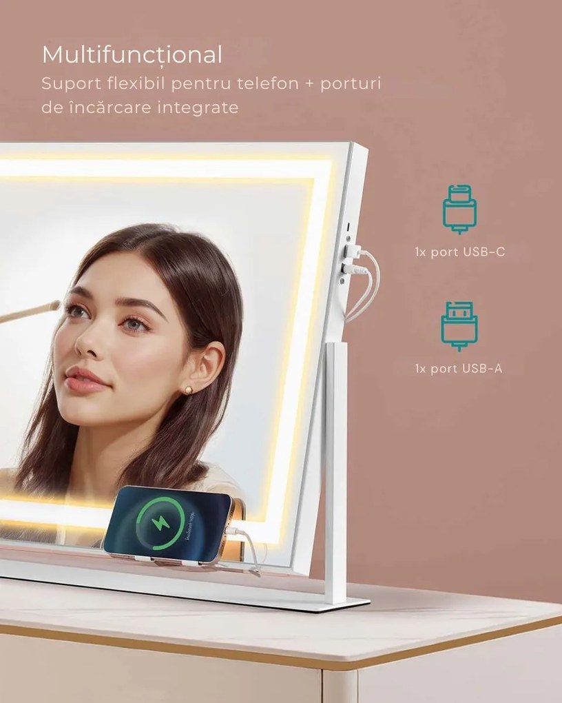 Oglindă cosmetică DAHLIA cu iluminare LED, 10x62,5x45,8 cm, alb SongmicsHome