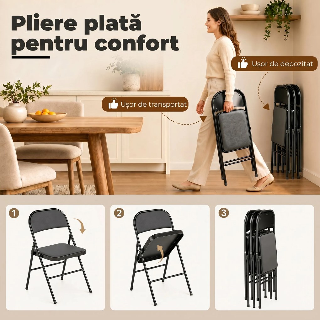 HOMCOM Set de 2 Scaune Pliabile Metalice, Tapițate cu Piele Ecologică PU, pentru Interior, cu Șezut Confortabil și Spătar Deschis | Aosom Romania