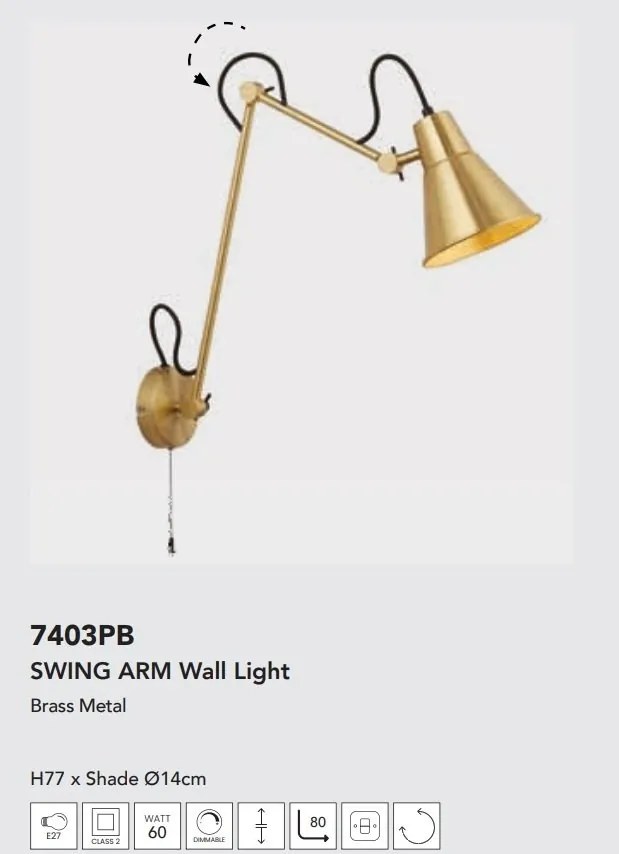 Aplica de perete cu brat articulat Swing alama