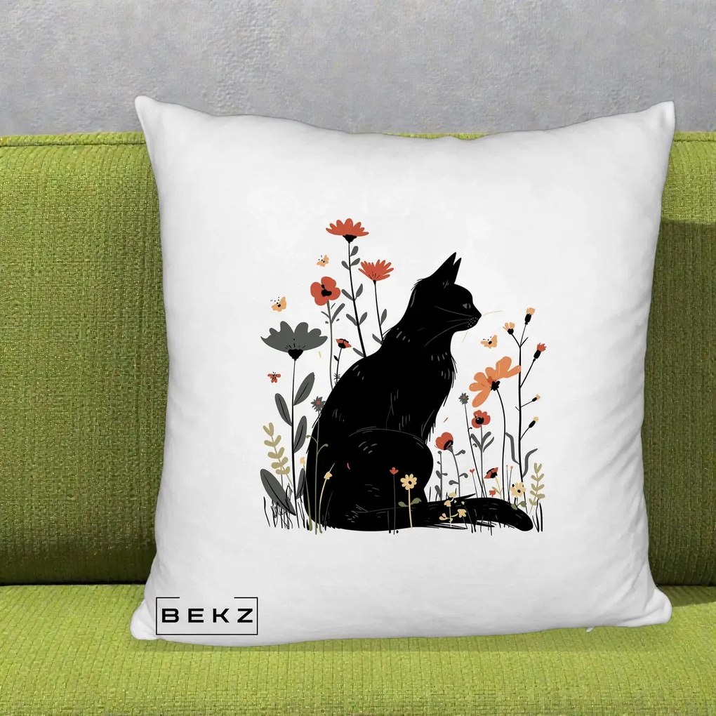 Perna Decorativa Pisica Neagra Profil Flori Portocalii, 40x40 cm, Alb Pufos, Husa Detasabila, Perna Inclusa, BEKZ®