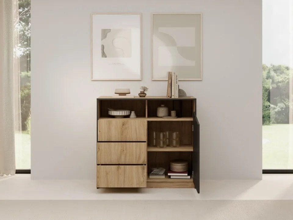 Comodă cu usa si trei sertare, 100x40x91 cm, Atson, ADRK Furniture (Culoare: Stejar / Negru)