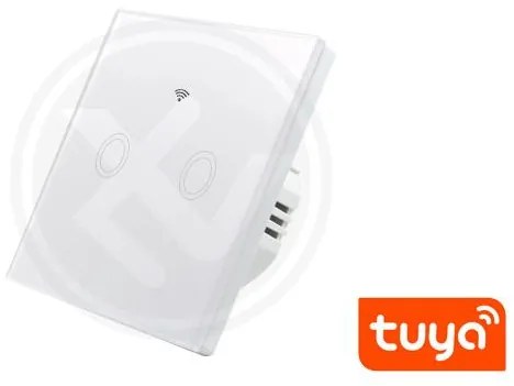 Intrerupator dublu smart, sticla securizata alba, control Tuya, Masterled