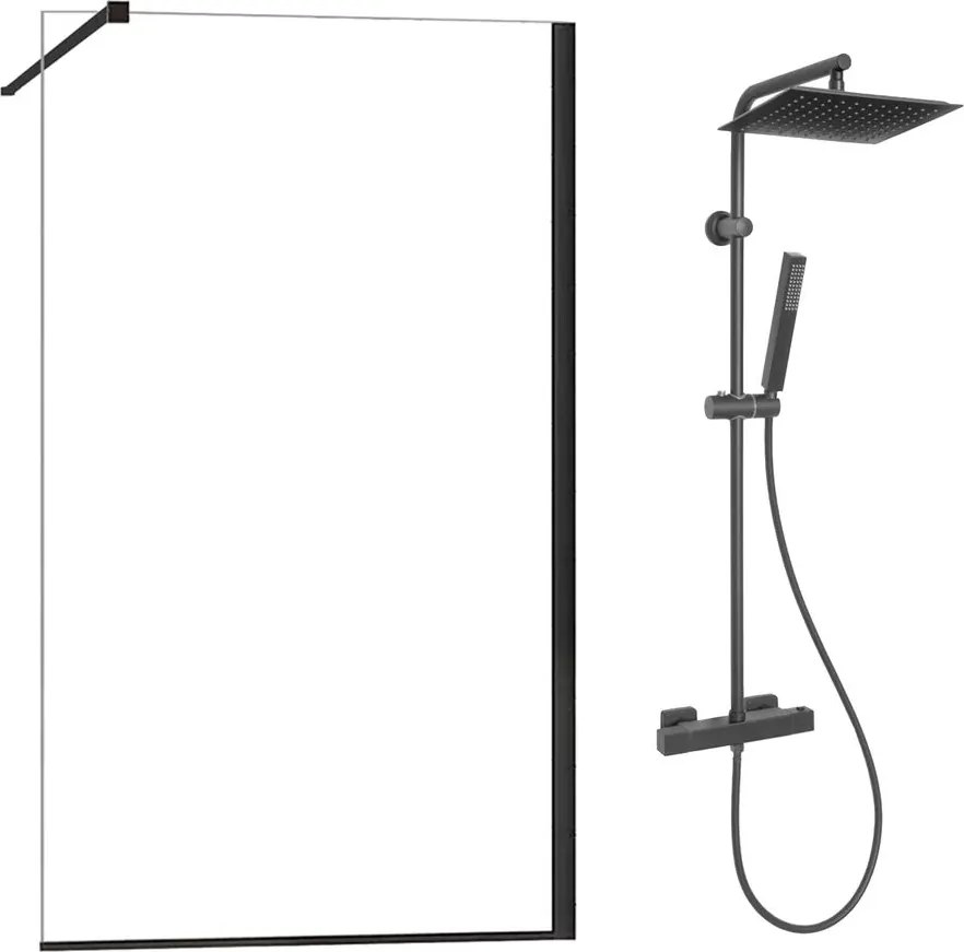 Pachet paravan dus Walk-In Fluminia Foxy negru 90x200 cm si coloana de dus Invena Svart negru