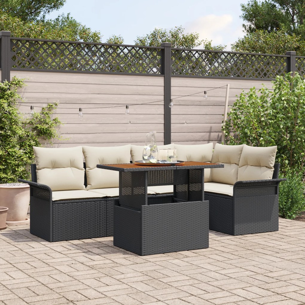 Set de 6 Piese de Sofa de Grădină cu Perne din Ratan Polițat Negru
