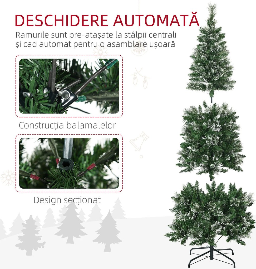 Brad de Craciun 180cm Artificial cu 240 Lumini LED si 618 Ramuri, Brad Acoperit cu Zapada Inalt si Ingust cu Postament din Otel HOMCOM | Aosom RO