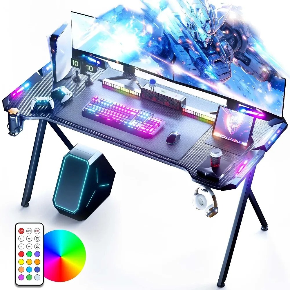 DOWINX Birou de Gaming RGB cu Iluminare Multicoloră și Design din Fibră de Carbon, Telecomanda, Mouse pad impermeabil, 140 cm, Negru