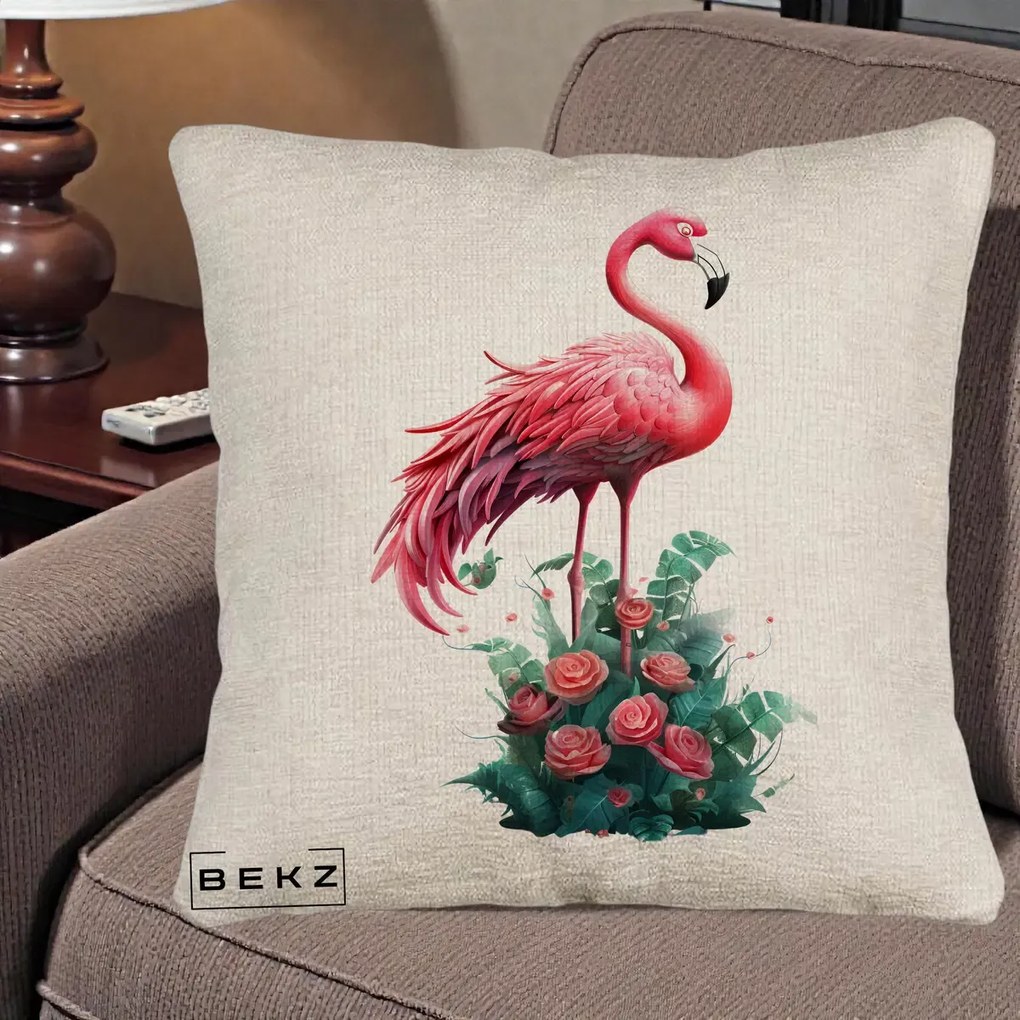Perna Decorativa Flamingo cu Trandafiri Tropicali, 40x40 cm, Bej Canapea, Husa Detasabila, Perna Inclusa, BEKZ®