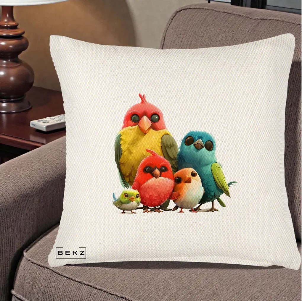 Perna decorativa Familie de Pasarele Colorate, 45x45 cm cu Umplutura, Crem Reliefat, BEKZ