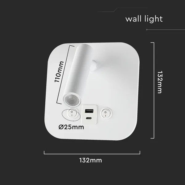 Aplică LED de perete cu port USB, 8W, 230V, 3000K, alb