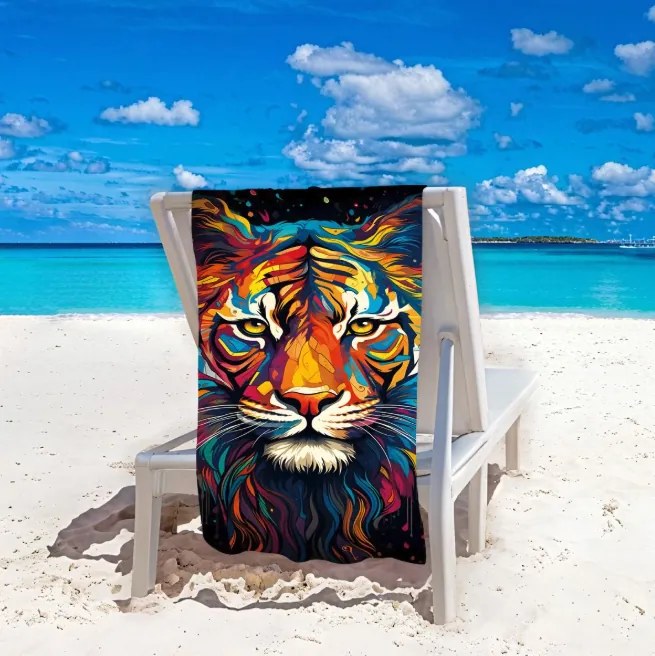 Prosop de plajă tigru colorat - motiv exotic, uscare rapidă 100x180 cm