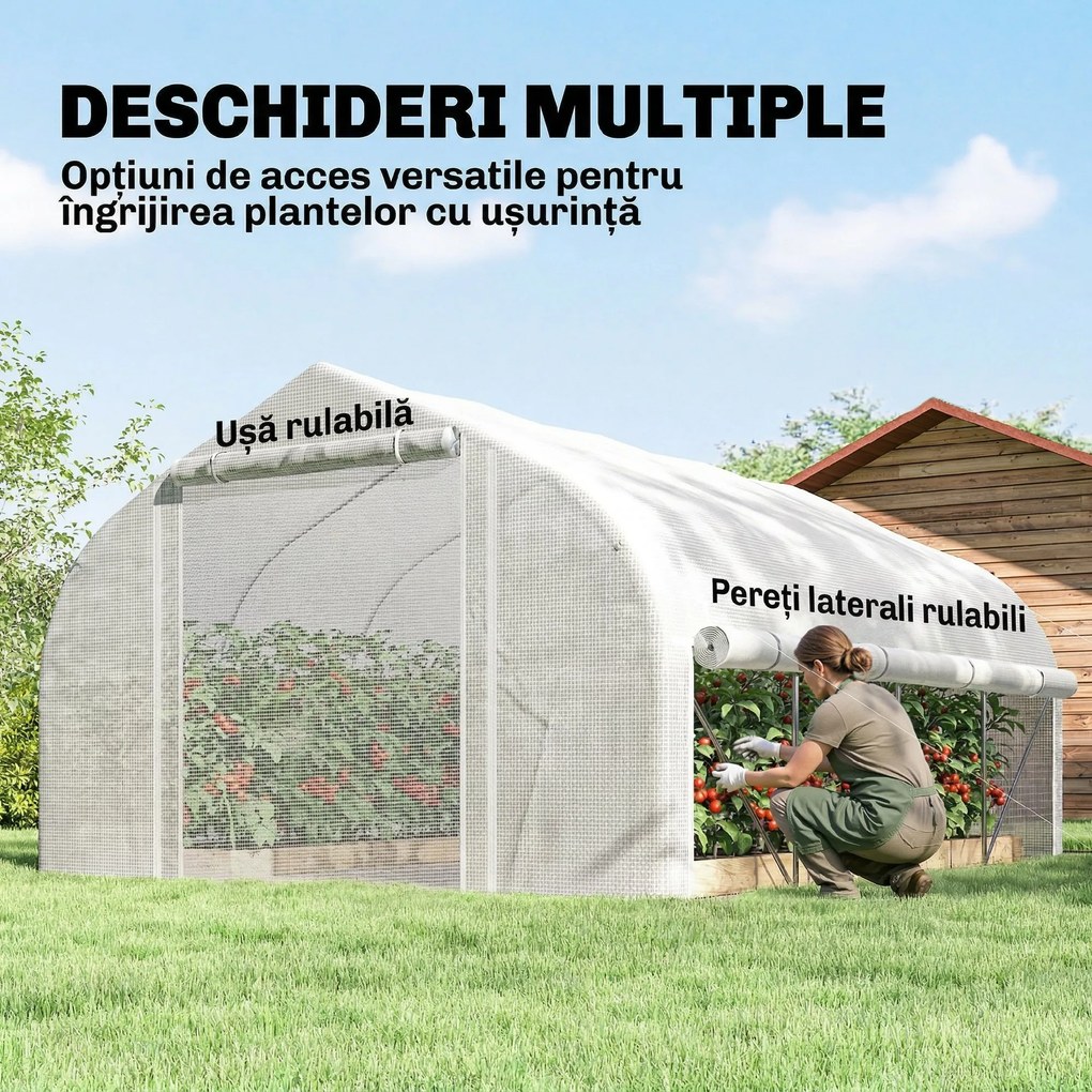 Outsunny Sera de Gradina 4x3m cu Pereti Laterali si Usa cu Fermoar 8 Ferestre Tunel pentru Plante | Aosom Romania