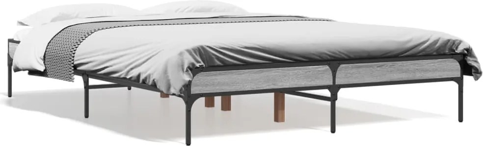 vidaXL Cadru de pat, gri sonoma, 135x190 cm, lemn prelucrat și metal