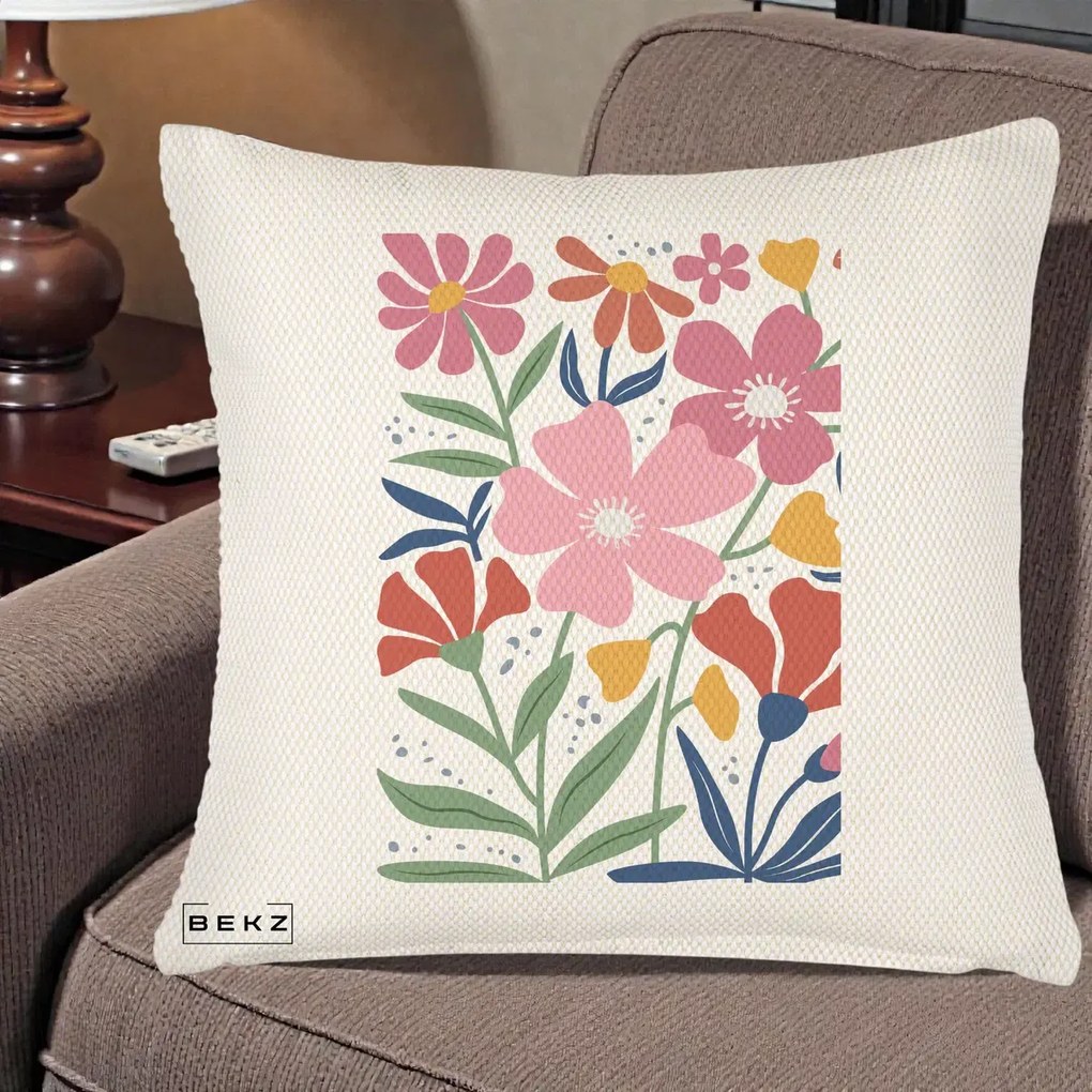 Perna Decorativa Flori Grafice Roz si Terracotta, 40x40 cm, Crem Reliefat, Husa Detasabila, Perna Inclusa, BEKZ®