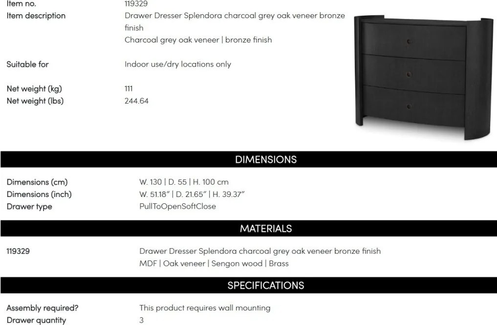 Comoda LUX Furnir Stejar Gri Carbune, Splendora