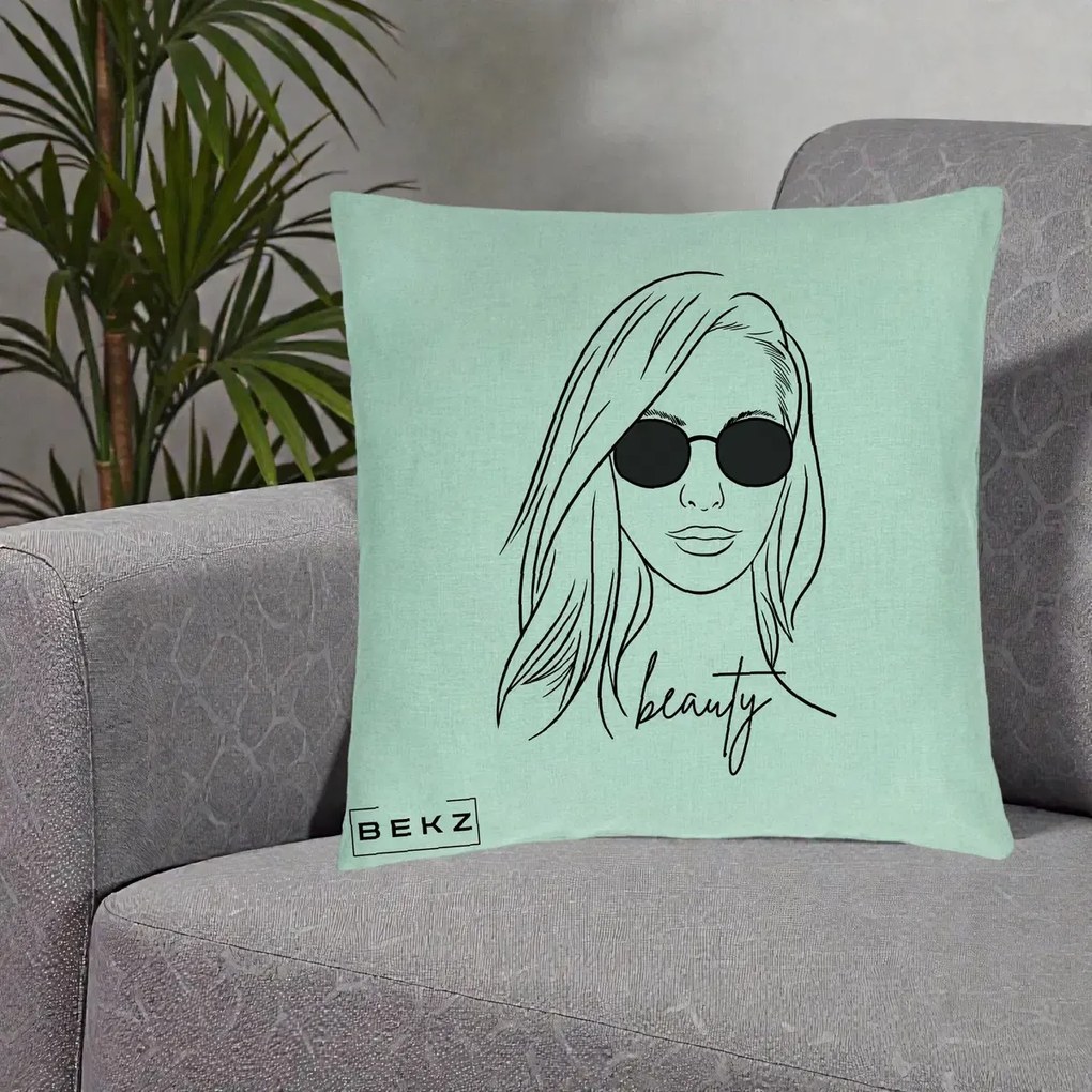 Perna Decorativa Beauty Girl Line Art, 40x40 cm, Verde Menta, Husa Detasabila, Perna Inclusa, BEKZ®