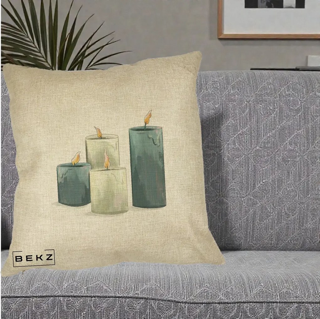 Perna Decorativa Lumanari Hygge Alb-Verde, 40x40 cm, Crem, Husa Detasabila, Perna Inclusa, BEKZ®