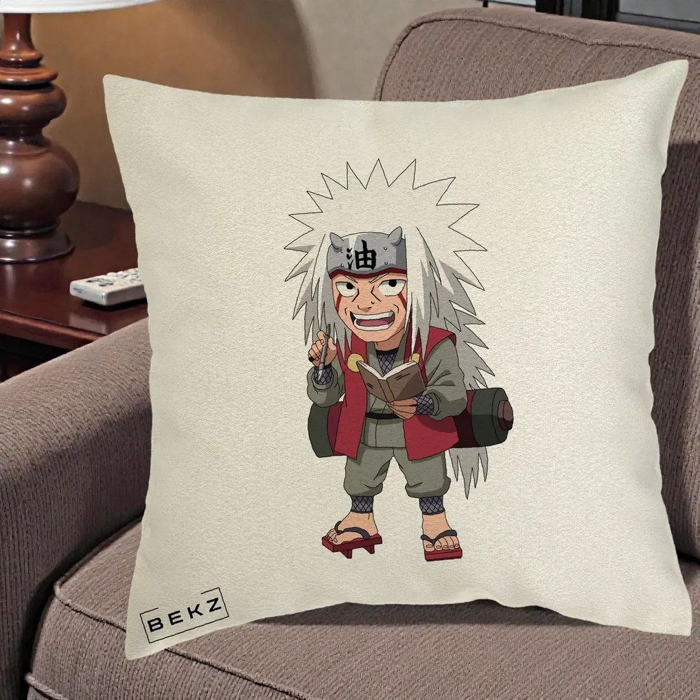 Perna Personalizata Naruto Jiraiya Sensei Chibi, 40x40 cm, Ecru, Husa Detasabila, Perna Inclusa, BEKZ®