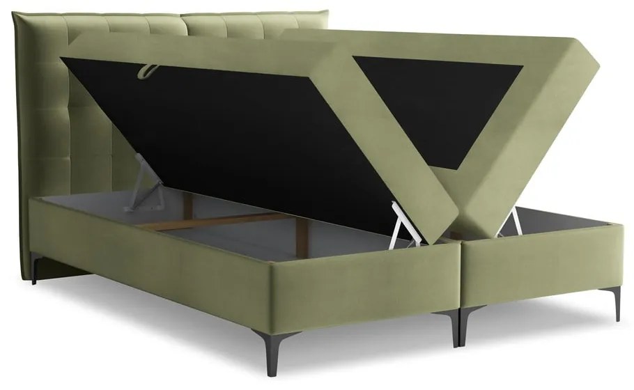 Pat boxspring verde cu spațiu de depozitare 140x200 cm Mikana – Makamii