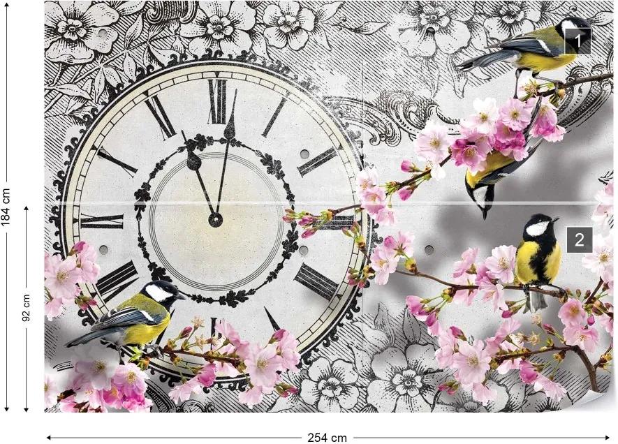 GLIX Fototapet - Birds, Clock, And Cherry Blossom Floral Vintage Design Vliesová tapeta  - 254x184 cm