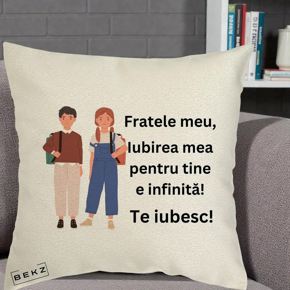 Cadou pentru Frate - Perna Personalizata Fratele Meu Te Iubesc Elevi Ilustratie Colorata, 40x40 cm, Ecru, Husa Detasabila, Perna Inclusa, BEKZ®