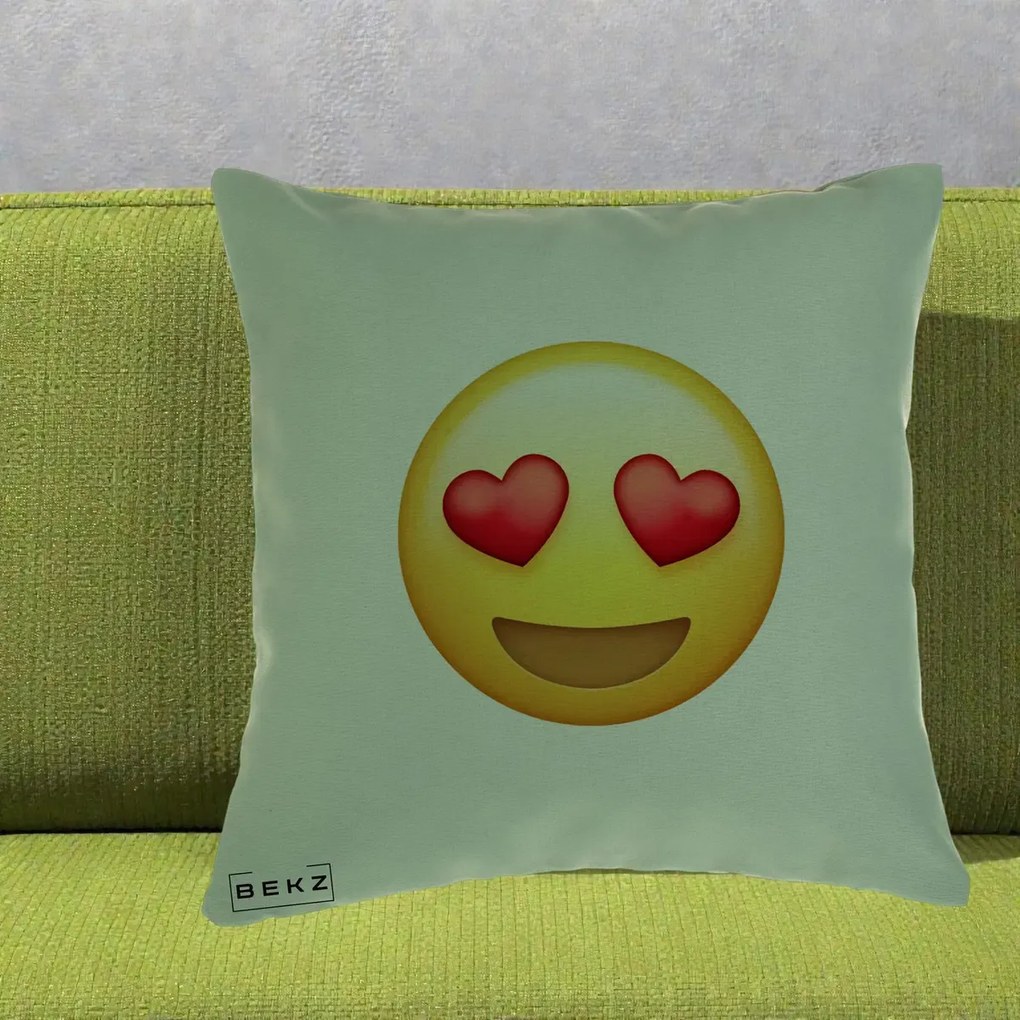 Perna Decorativa Emoji Inimi in Ochi, 40x40 cm, Verde, Husa Detasabila, Perna Inclusa, BEKZ®